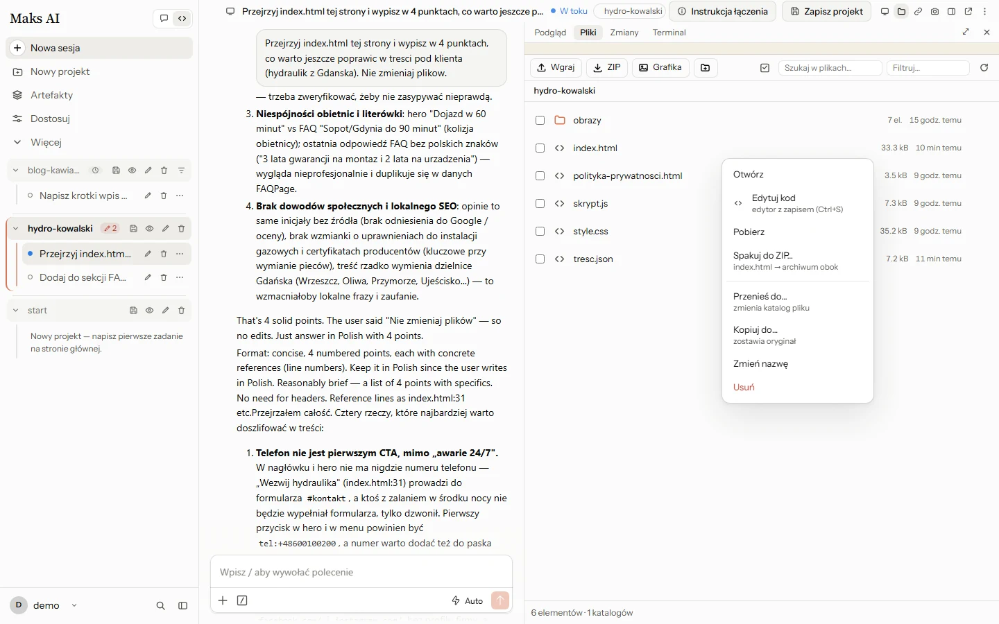 Menu wiersza pliku: otwórz, edytuj kod, pobierz, spakuj do ZIP, przenieś, kopiuj, zmień nazwę, usuń